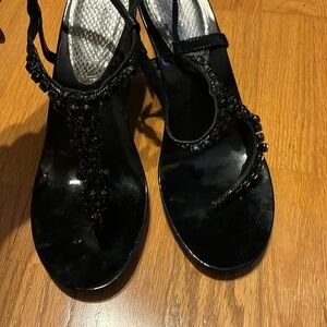 Black rhinestone t-strap wedges